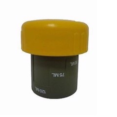 Grått lock till toalettank med gul topp. Måttenheter tryckta på sidan: 75 ML, 80 ML, 120 ML.